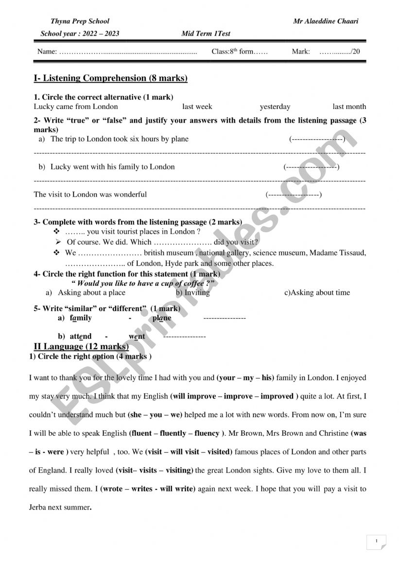 Mid term test 1 8th grade  worksheet