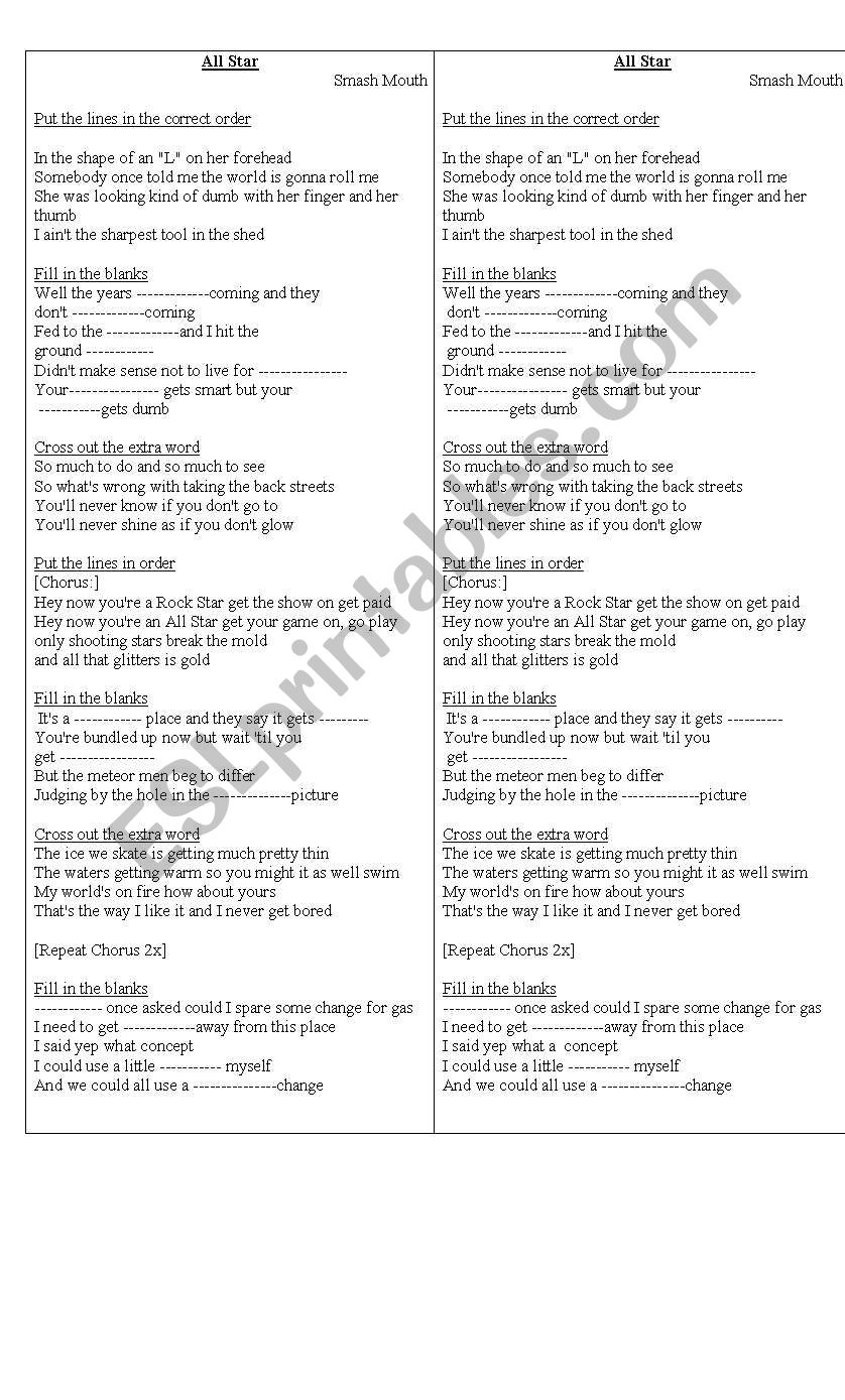 All stars listening activitiy worksheet