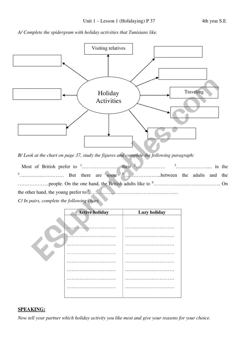holidaying worksheet