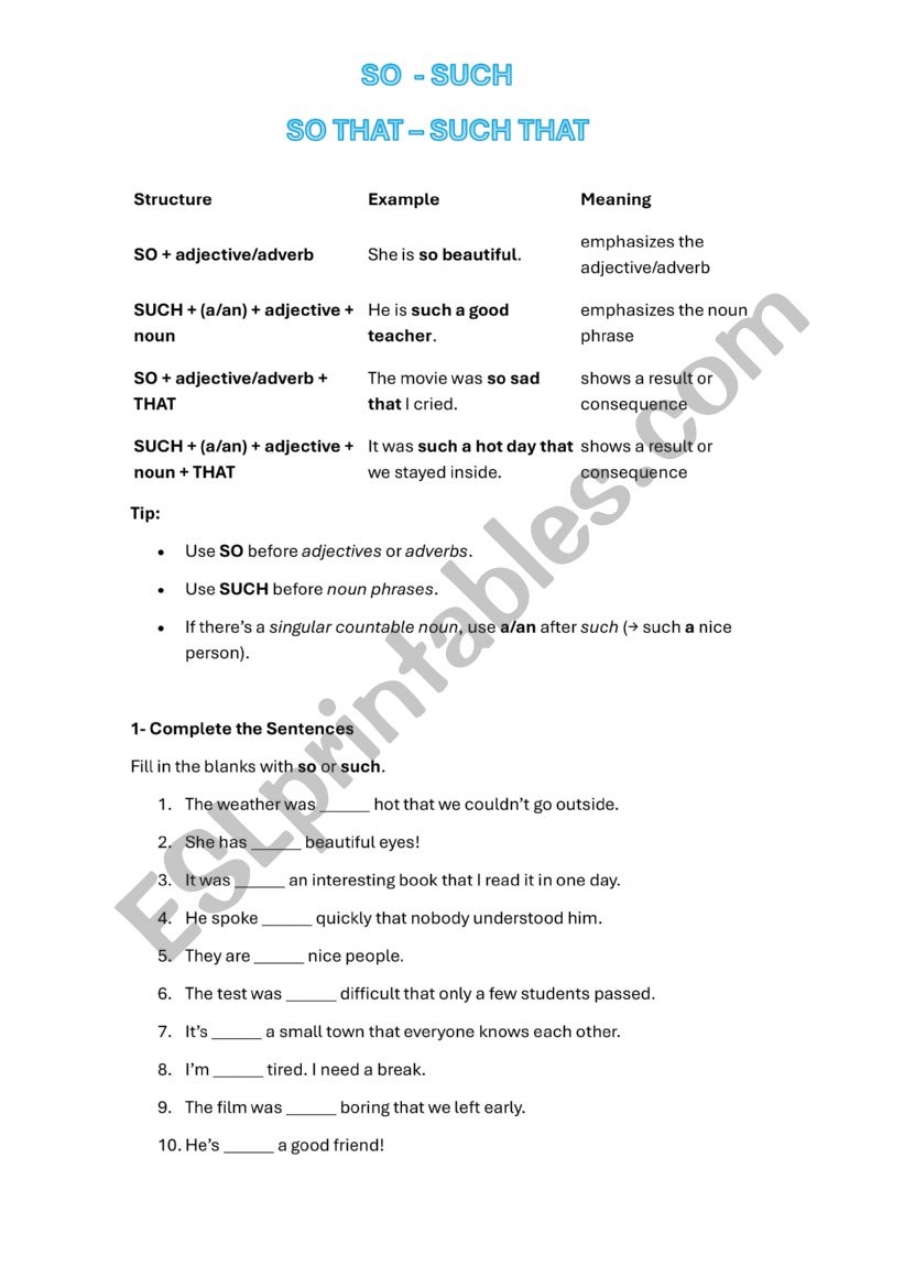 SO SUCH - SO THAT/SUCH THAT worksheet