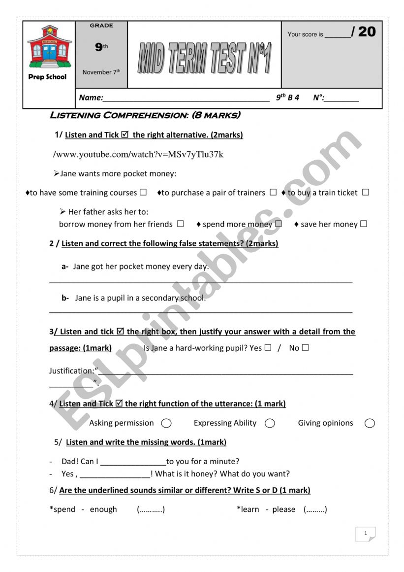 MID TEST 1 FOR 9TH PUPILS  worksheet