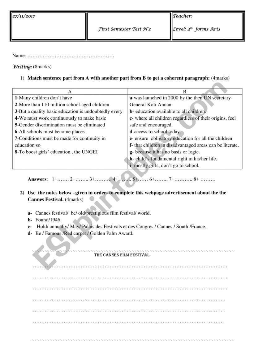 MID TERM TEST 1FOR BAC 4TH worksheet