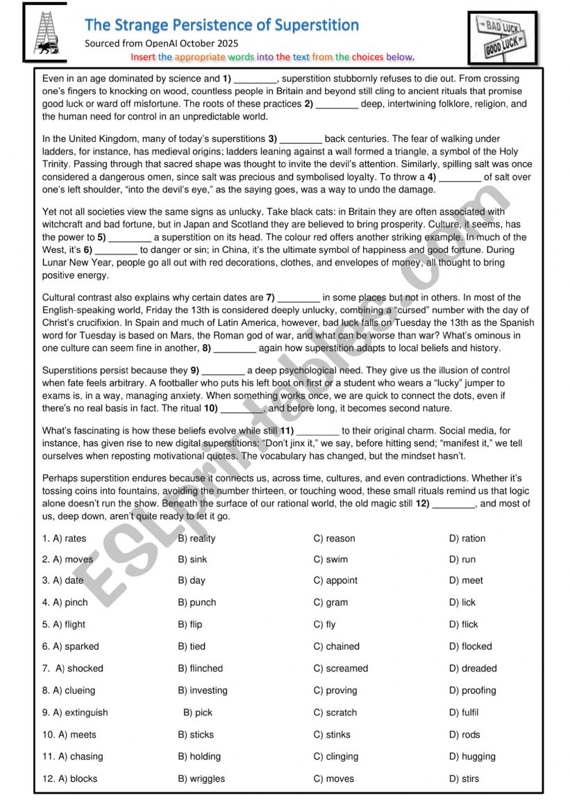 Superstitions: Article, debate, vocabulary, and video