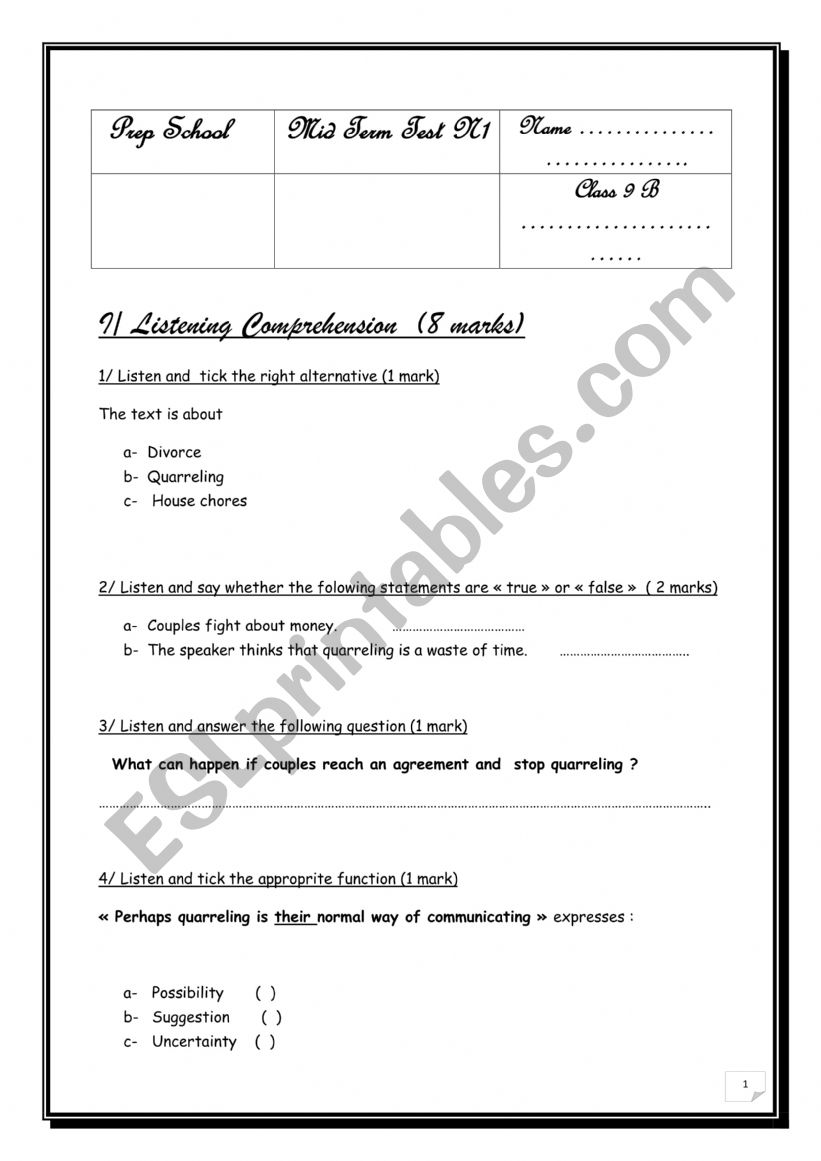 mid term test1 9th forms worksheet