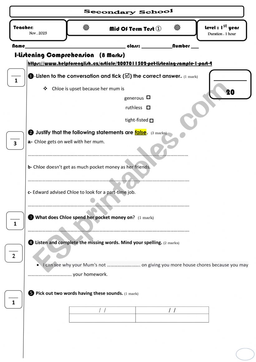 Mid Of Term Test 1 Class 1st year