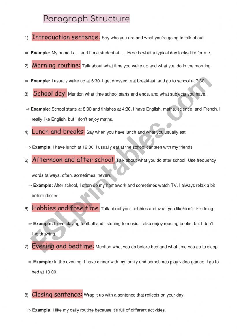 Daily Routine Writing Paragraph Structure