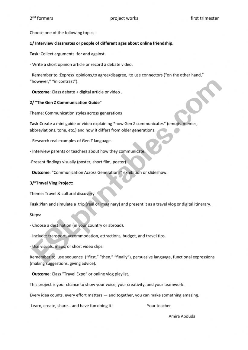  list of project works for teenage learners