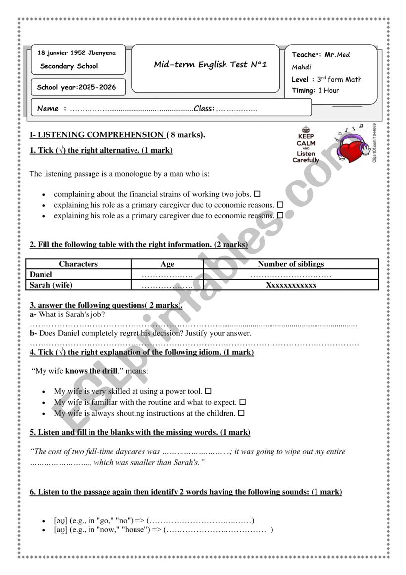 3rd year Mid-term test1  worksheet