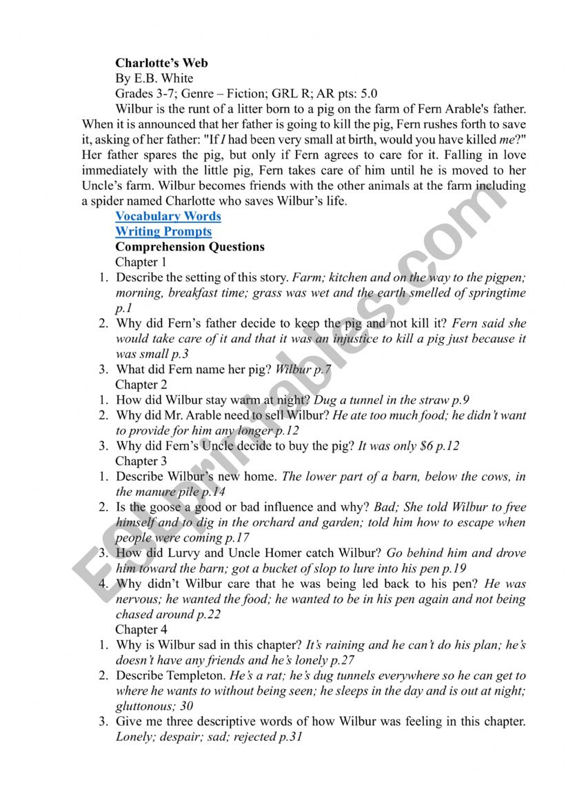 Charlotte Web worksheet