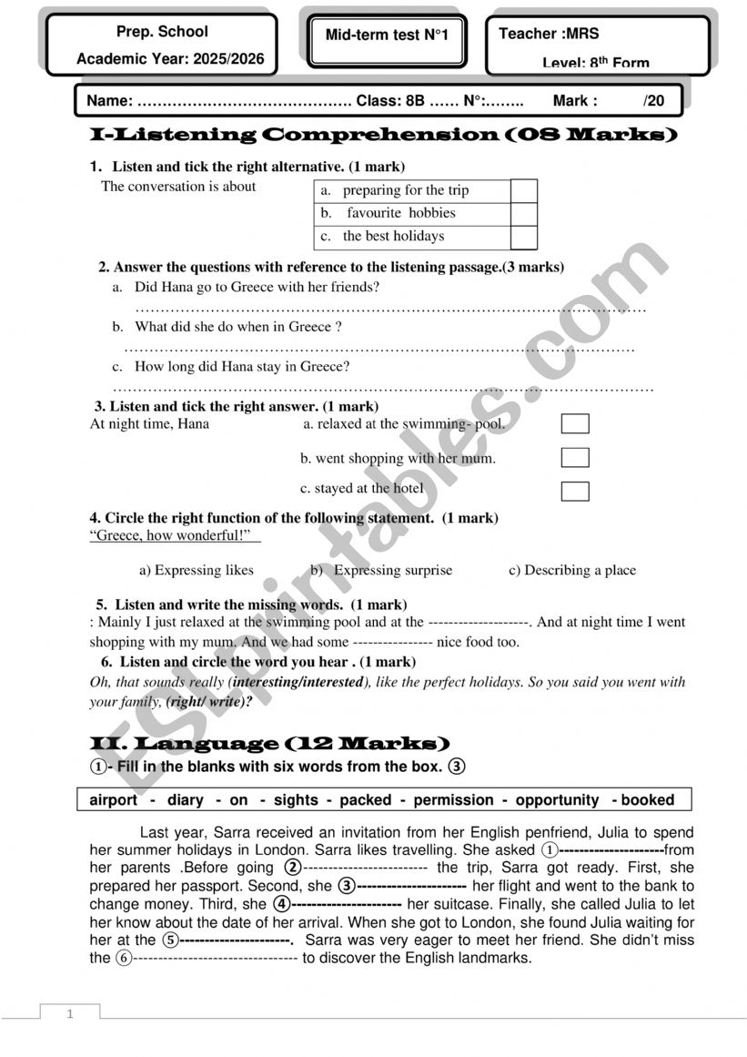 MID TERM TEST N1 8TH FORM worksheet
