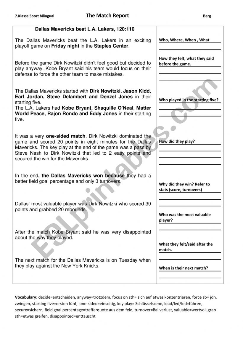 Model match report  worksheet