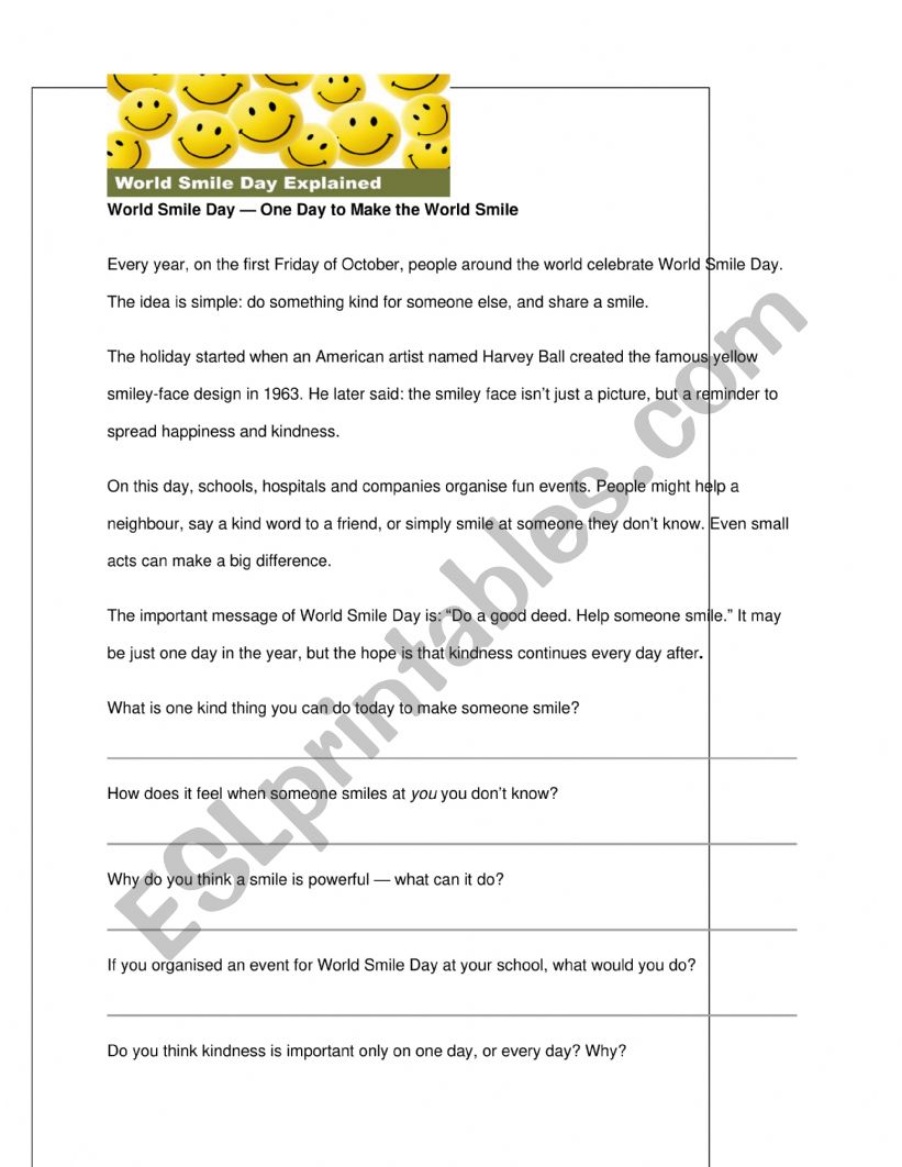 World Smile Day worksheet