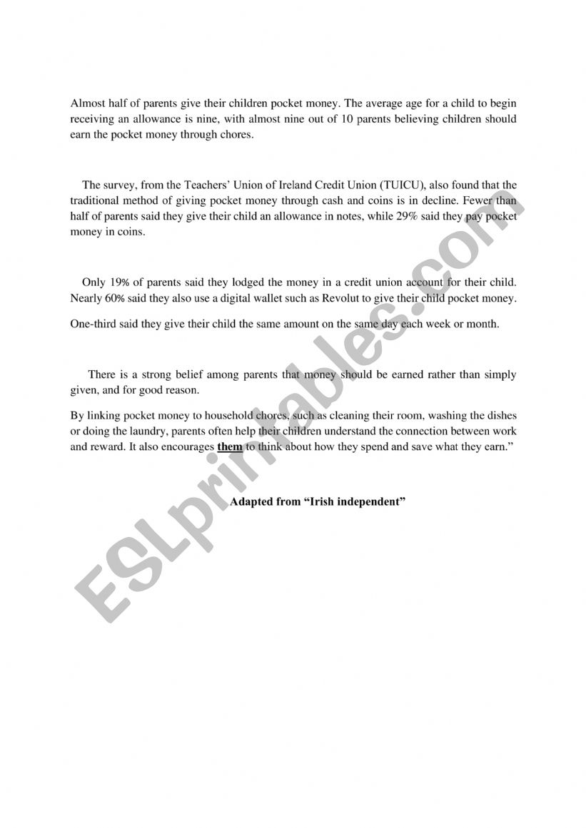 Pocket money  worksheet