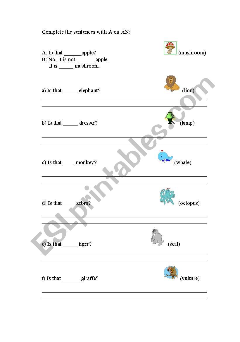 INDEFINITE ARTICLES worksheet