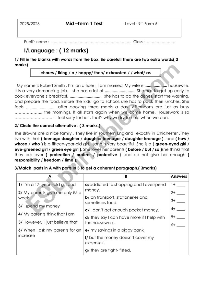 Mid term 1 test 9th form - ESL worksheet by Semya Salem