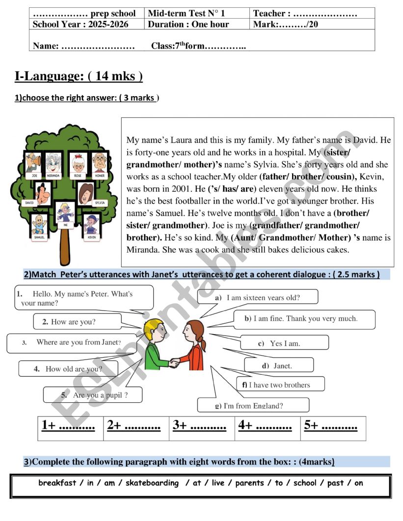 7th form mid term test n1 - ESL worksheet by fatenam