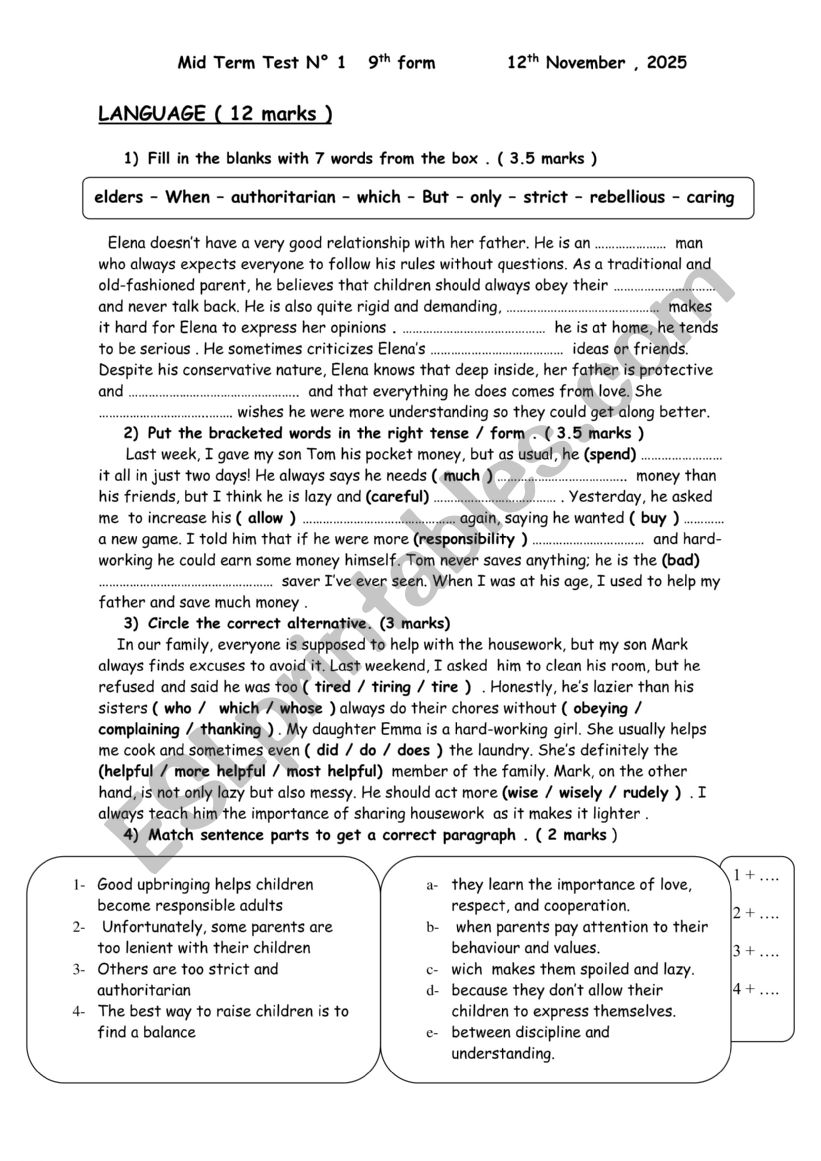 Language part mid term test 1 9th form 