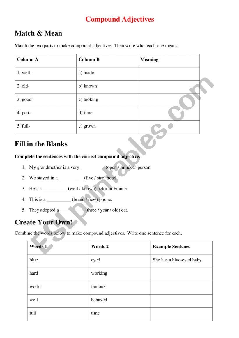 Compound Adjectives worksheet