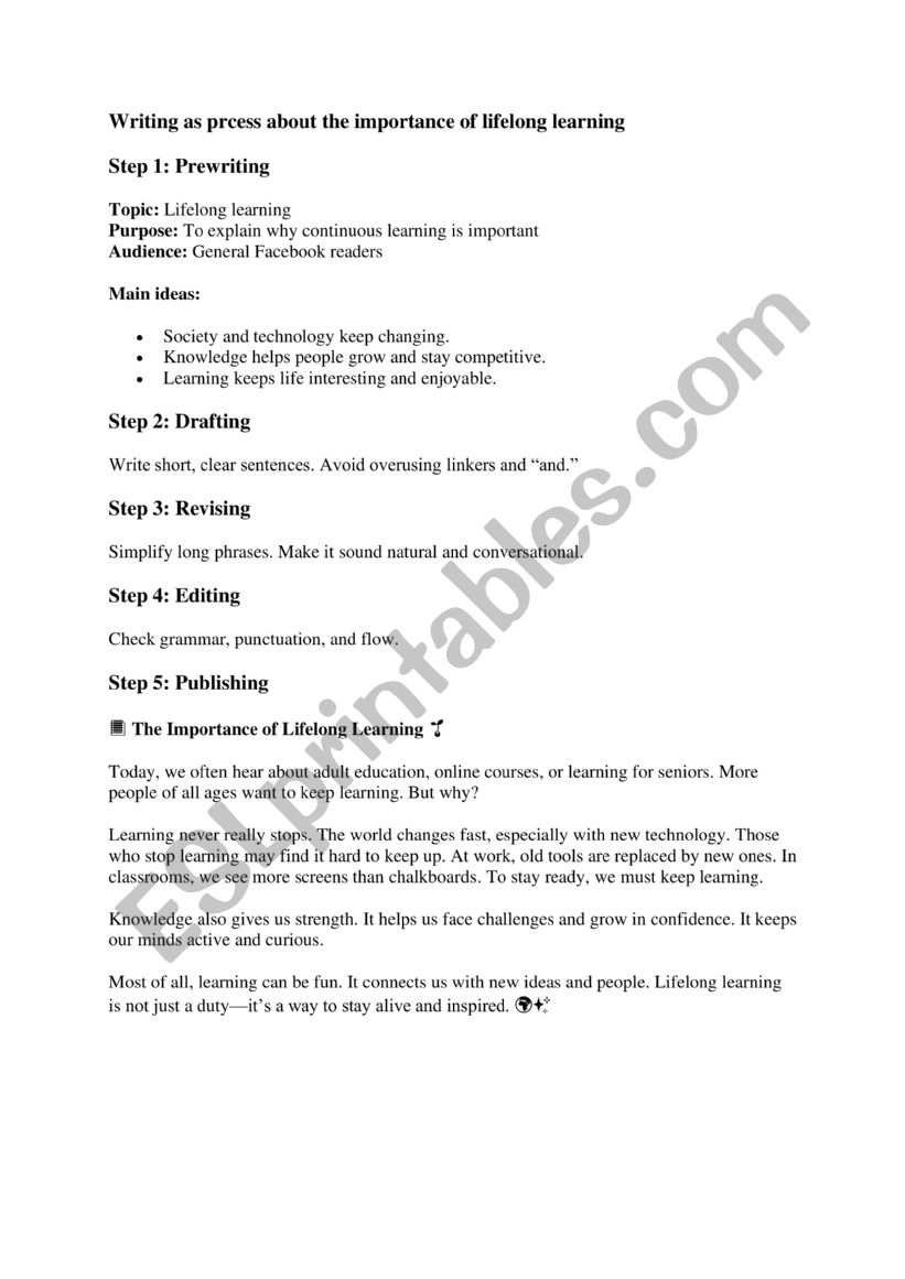 writing as a process about lif long learning - ESL worksheet by Sarsar