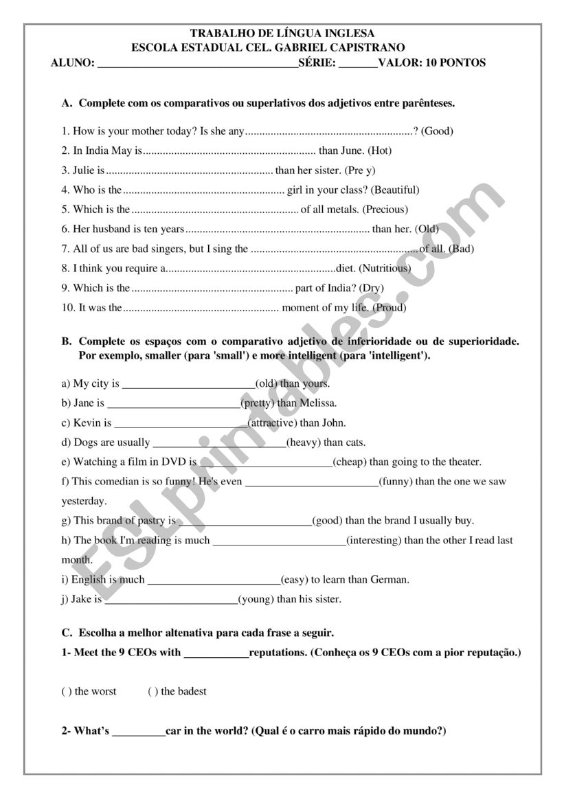 AvaliaÃ§Ã£o de InglÃªs worksheet