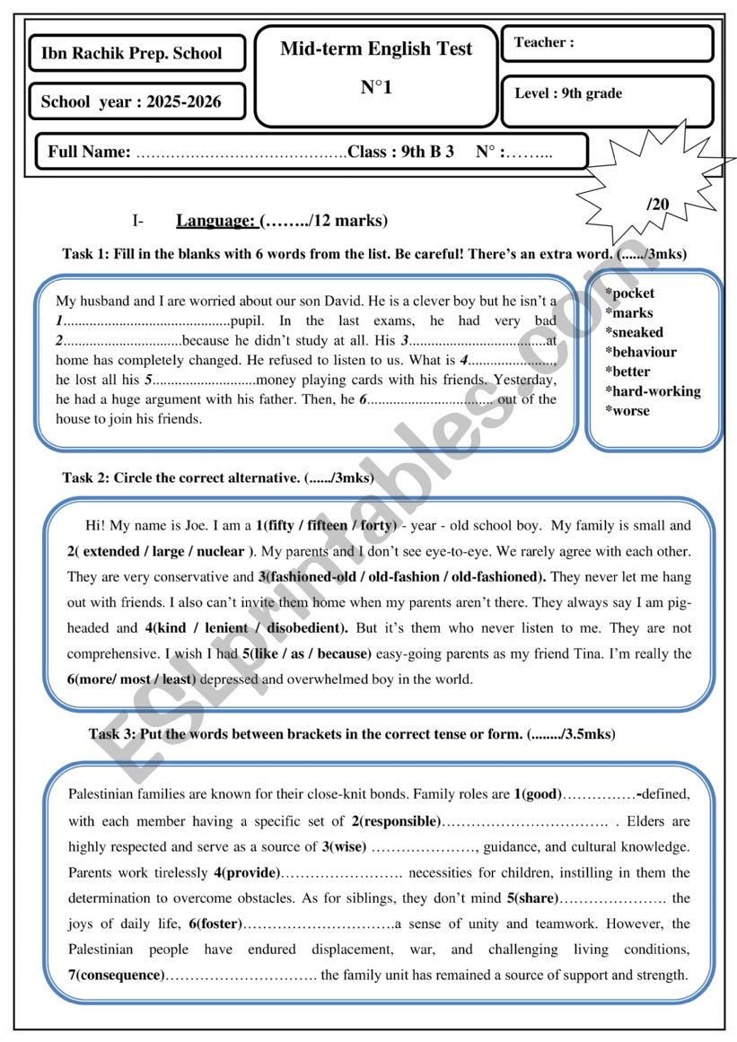 9th grade Mid-term Test NÂ°1 - ESL worksheet by Dr Nouha