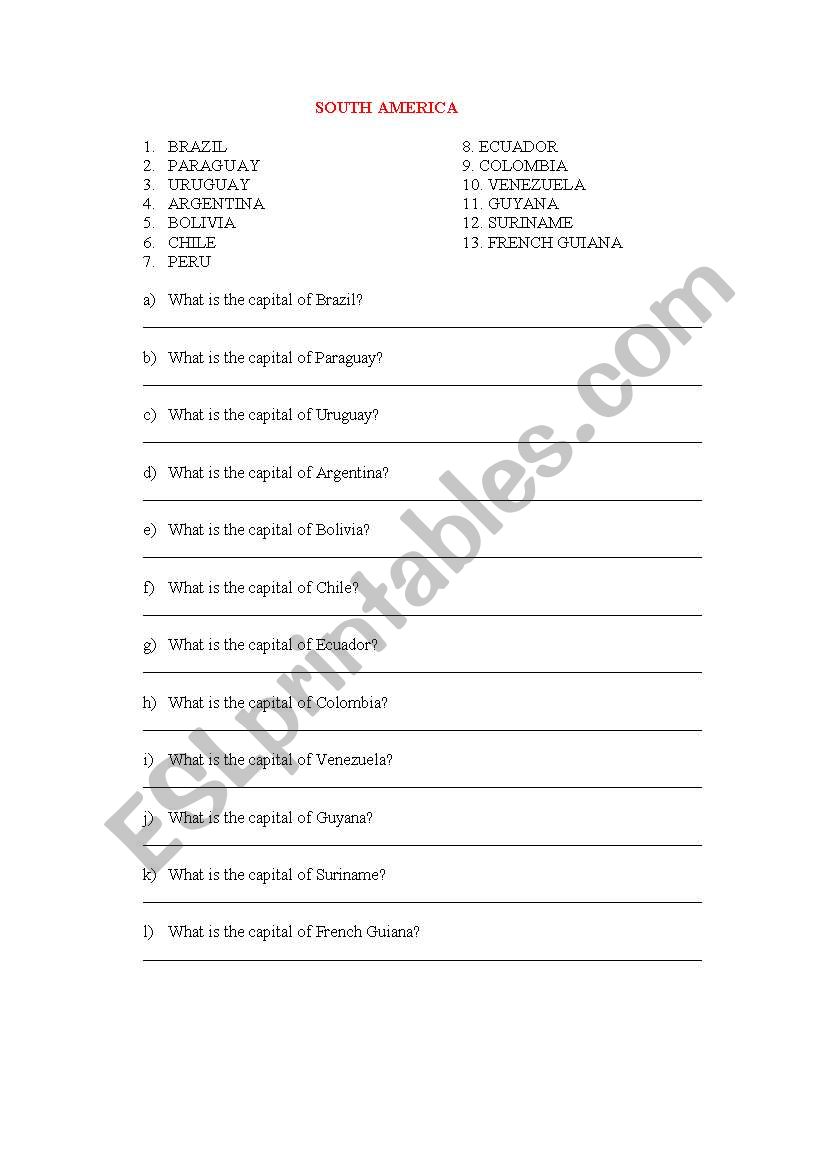 SOUTH AMERICAN COUNTRIES worksheet