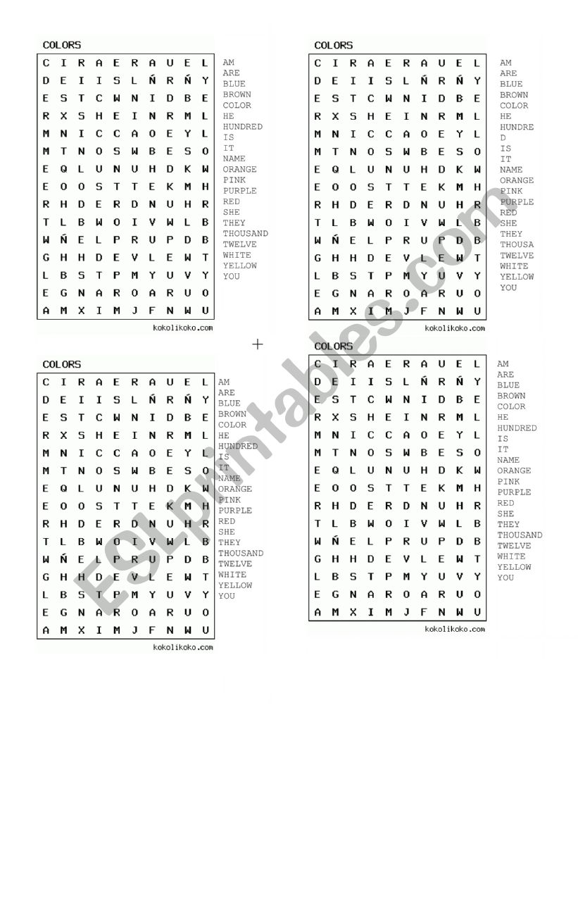 colors and numbers word search