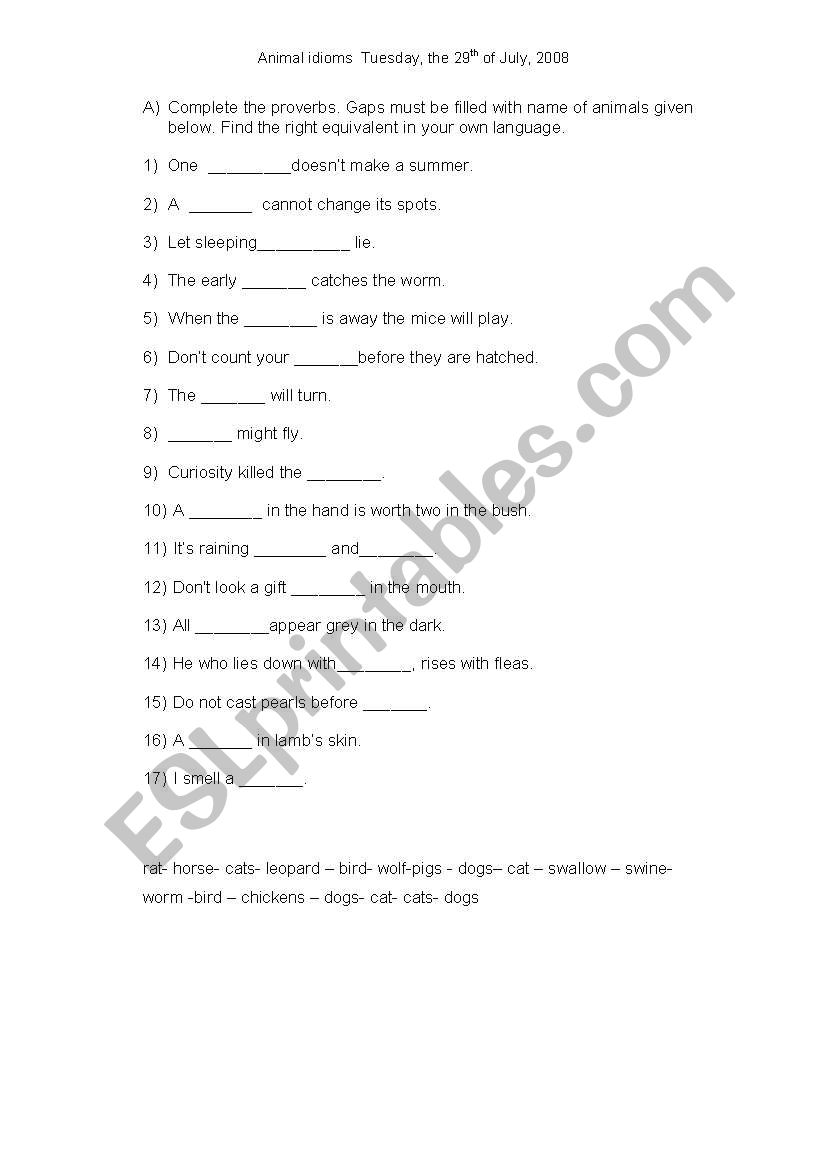 Animal idioms worksheet