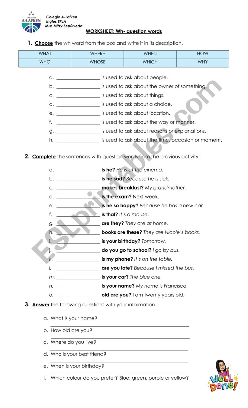 WH- QUESTION WORDS worksheet