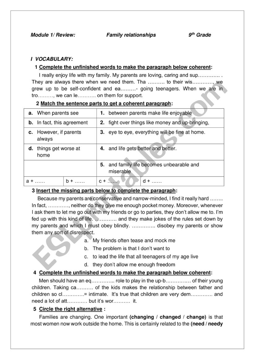 REVIEW MODULE 1 FAMILY RELATIONSHIPS 9TH FORM TUNISIA 