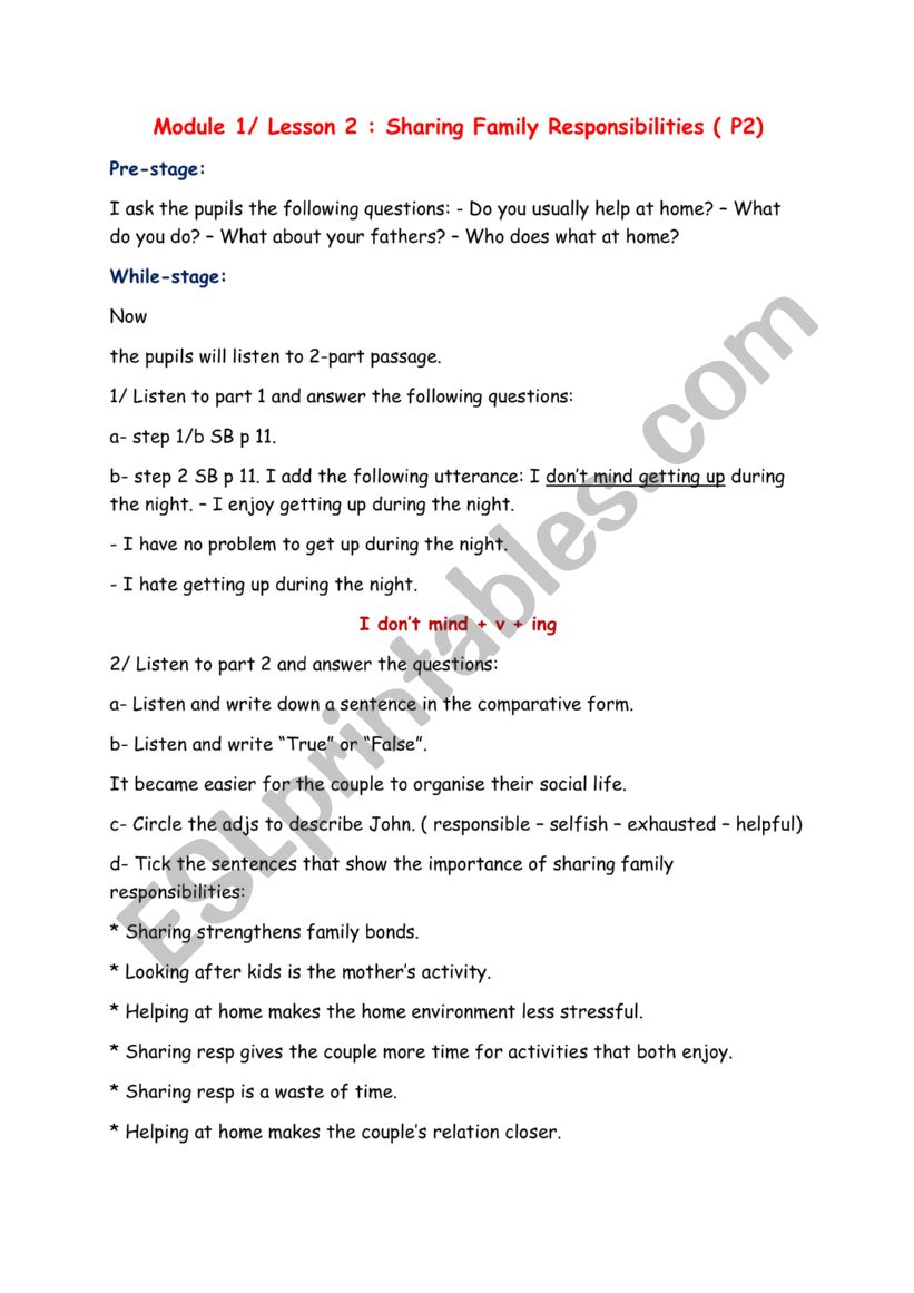 leson plan sharing family responsibilities part 2