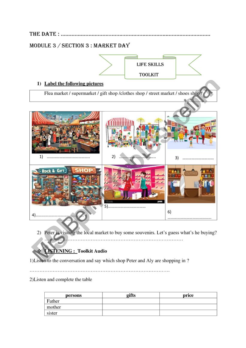 Market day worksheet