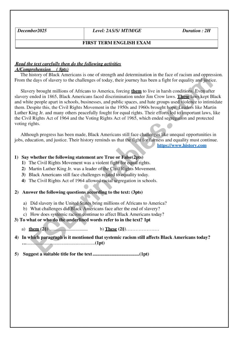 Second year exam worksheet