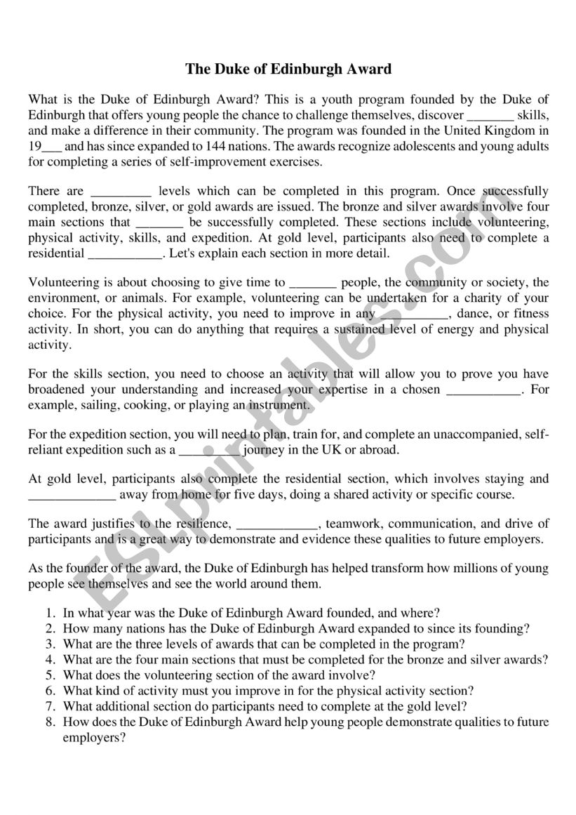 The Duke of Edinburgh Award (Listening, Writing +Video)