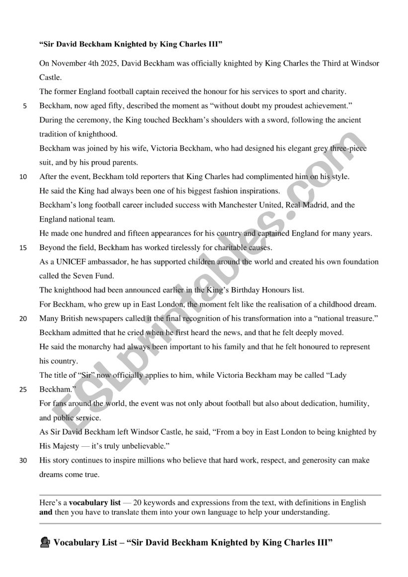 Sir David Beckham Knighted by King Charles III