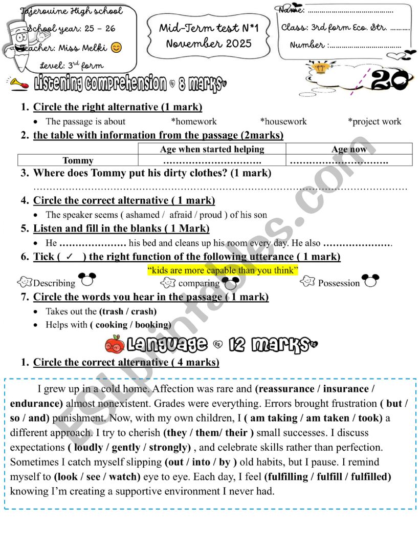 3rd form mid term 1 - ESL worksheet by English-teacher 38