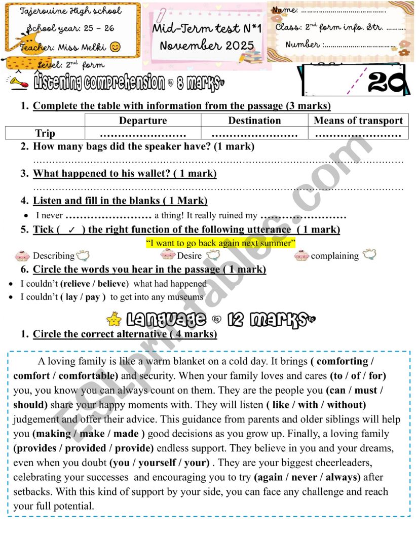 2nd form mid term test 1 - ESL worksheet by English-teacher 38
