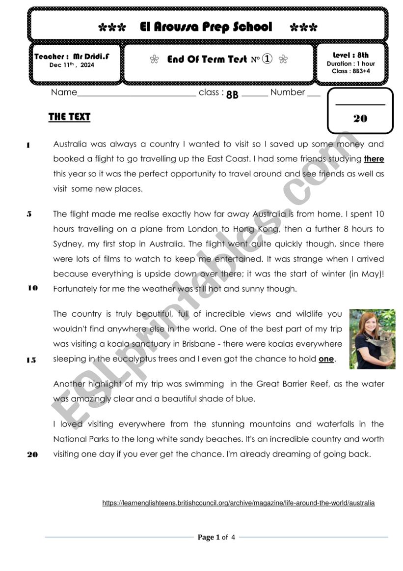 End Of Term Test 1 8th   worksheet