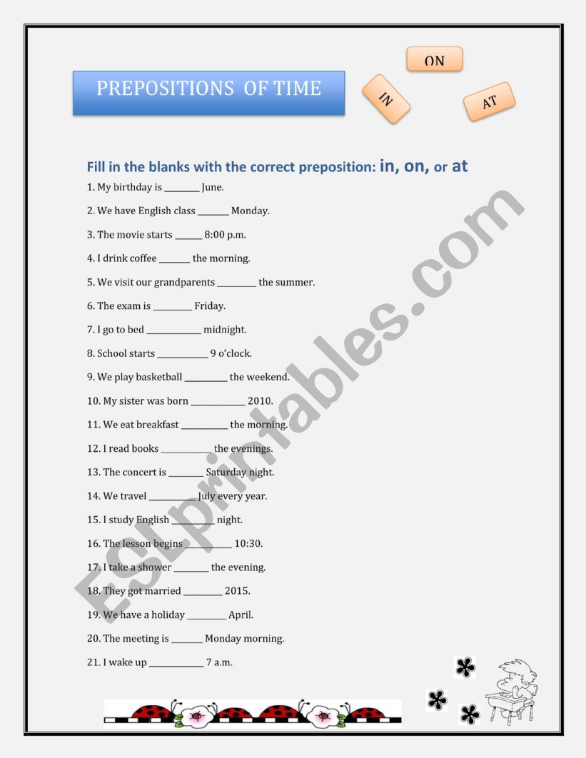 Prepositions of Time worksheet