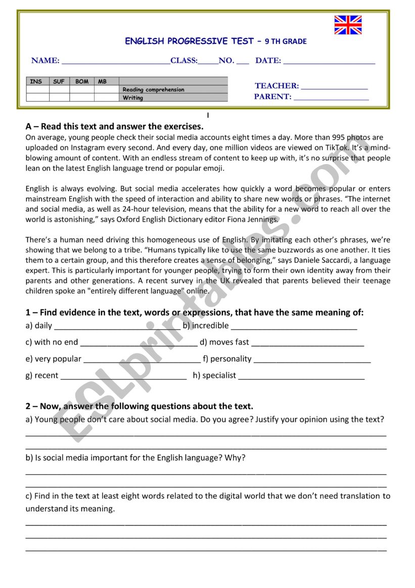 Social media and teens worksheet