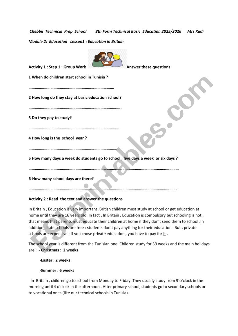 Education in Britain worksheet