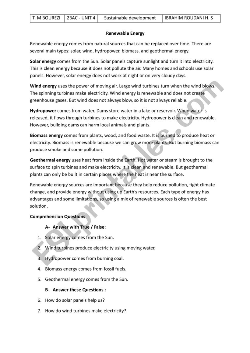 renewable energy worksheet