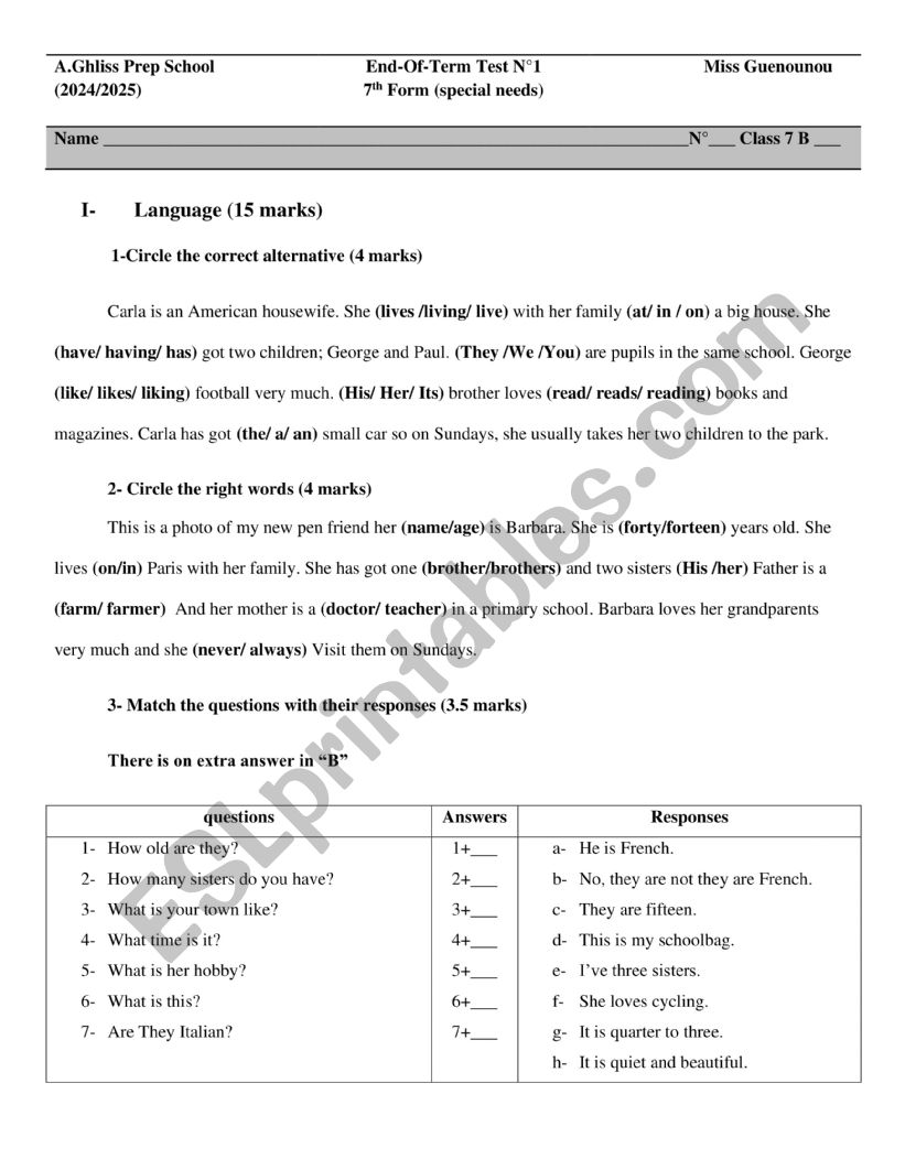 Full term test number 1 (Dyslexic pupils)