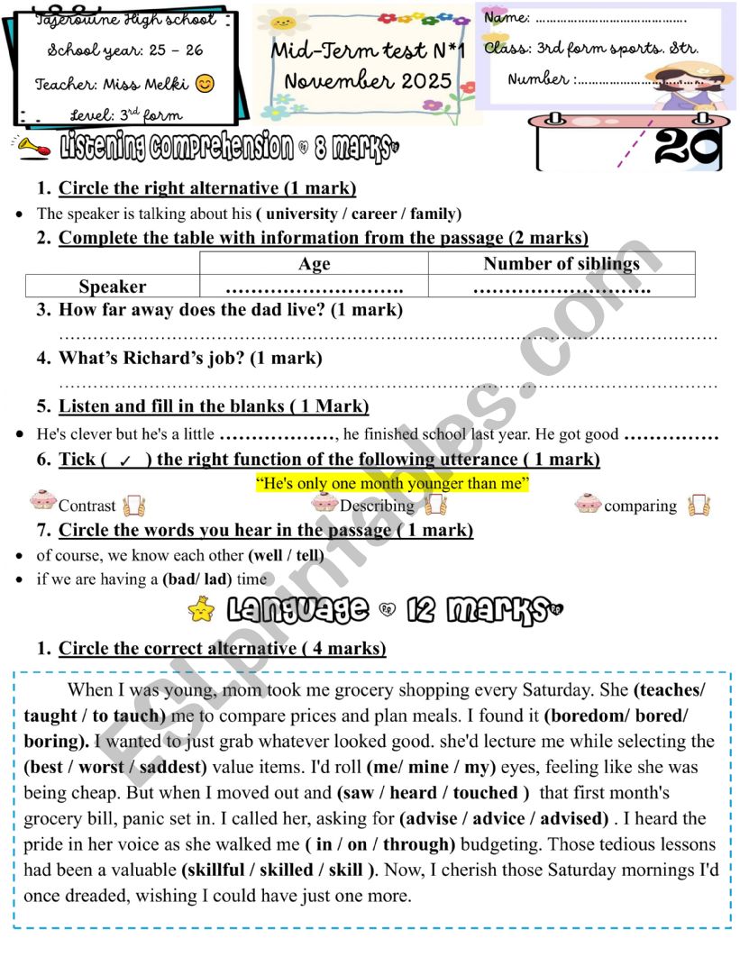 3rd form mid term test - ESL worksheet by English-teacher 38