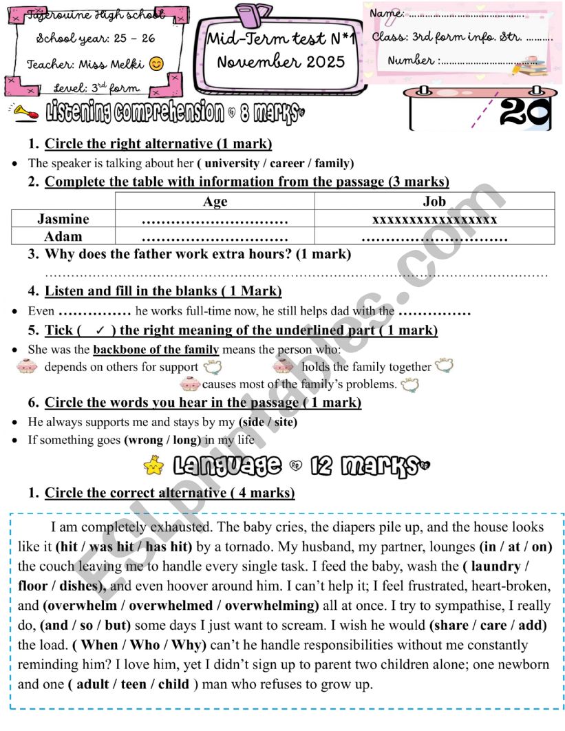 3rd form mid term test 1 - ESL worksheet by English-teacher 38