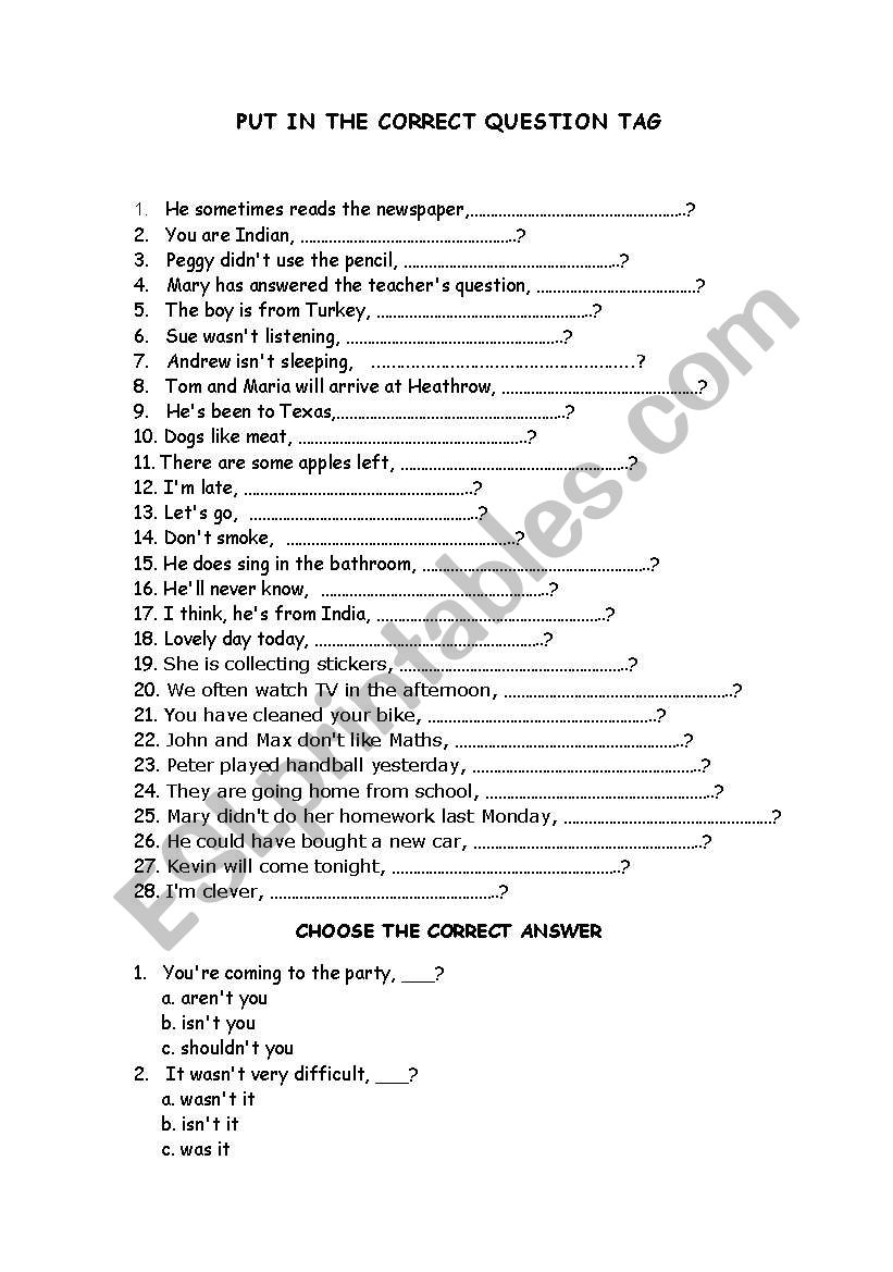 QUESTION TAGS worksheet