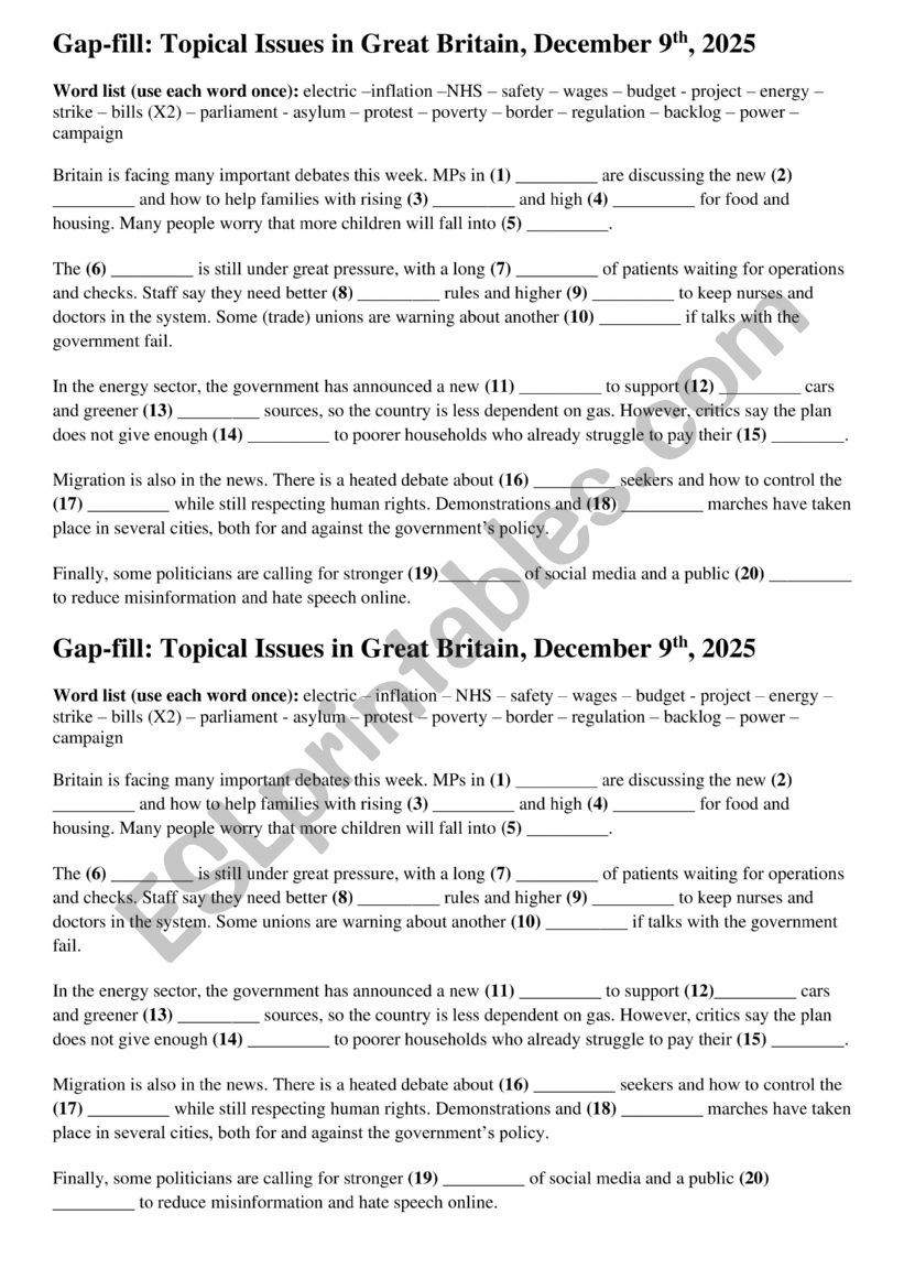 Gap-fill: Topical Issues in Great Britain, December 9th, 2025