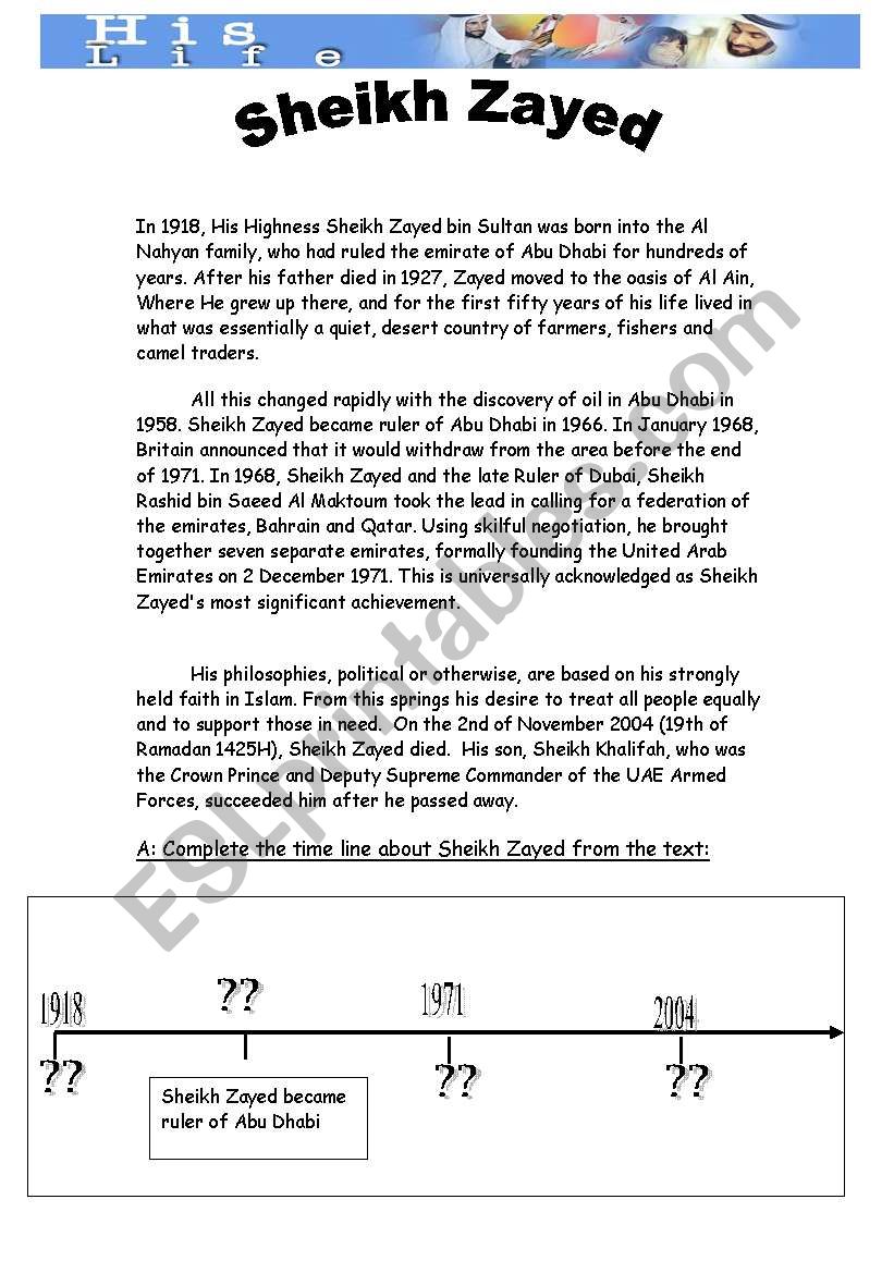 biography about Sheikh Zayed worksheet