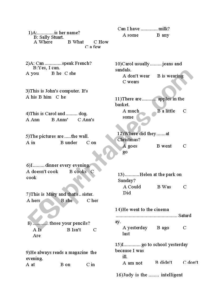 grammar test worksheet