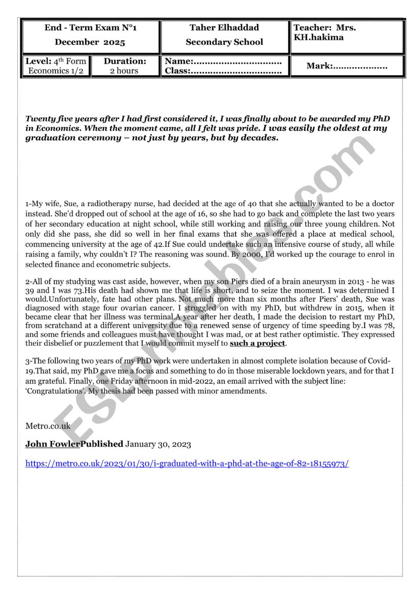 4th year economics end of term exam N1